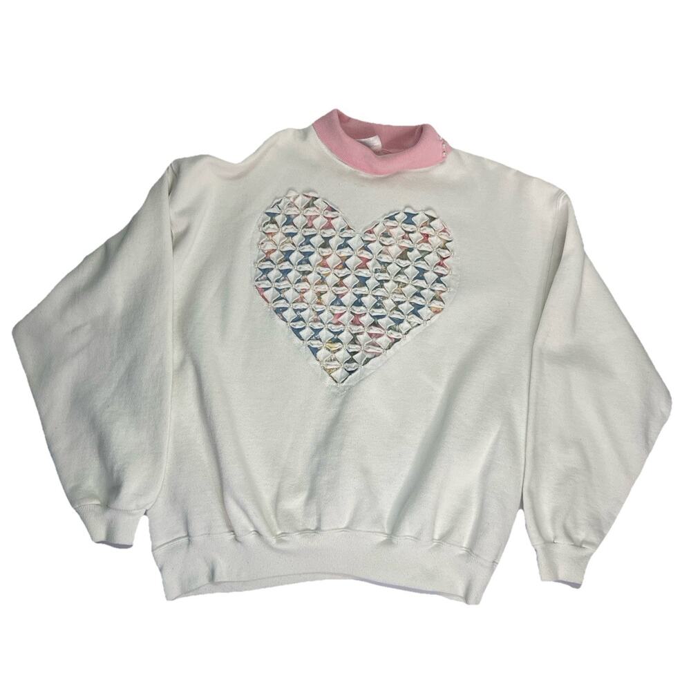 Vintage Grannycore Heart Collared Sweatshirt Hanes Made In USA 90s Size XL